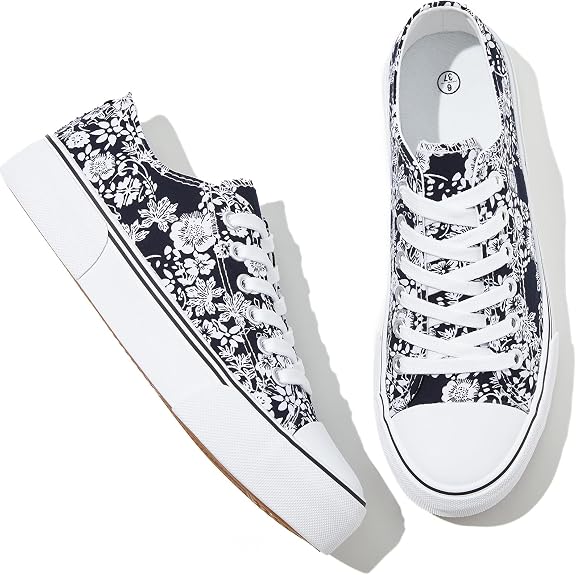 Adokoo Canvas Tennis Shoes for Women Low Top Casual White Black Sneakers for Women Lace Up Fashion Comfortable Walking Shoes - sugar skull boots
