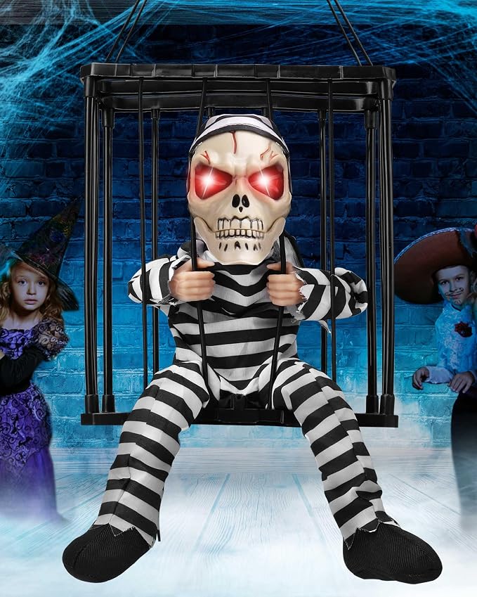 Skull Halloween Decorations with Motion Sensor Hanging Skulls Skeleton Toy Cage Prisoner Light Up Eyes Screaming Animatronics Haunted House Horror Decor - string light