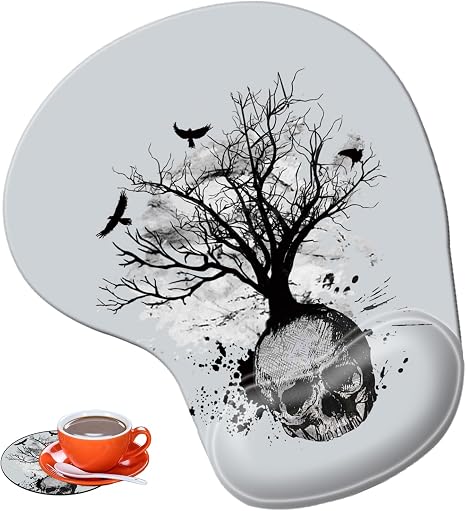Mouse pad with Wrist Guard, Non-Slip Rubber Base Gel Wrist Rest, Suitable for Games, Work, Office, Home and Pain Relief Mouse pad + Coaster, Black and White Skull Head Tree - skull coaster