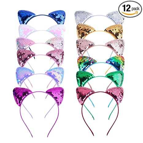12 Cat Ear Headbands, Sequin Headwear Hair Band Party Decoration Cosplay for Women - skull headband
