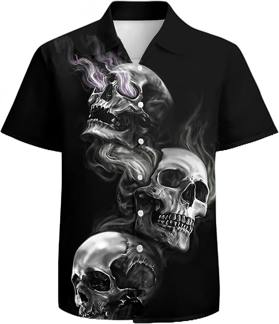 Mens Funny Hawaiian Shirts 3D Graphic Button Down Short Sleeve Tropical Holiday Beach Aloha Shirt - skull tshirt
