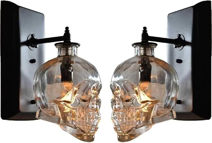2 Pcs Set Nordic Decoration Classical Sconces Wall Lighting Glass Skull Wall Lamp Vintage Cool Decor Gothic Wall Mounted Lighting Fixture for Boy Kids Bedroom Living Room Bar Hallway - skull lamp