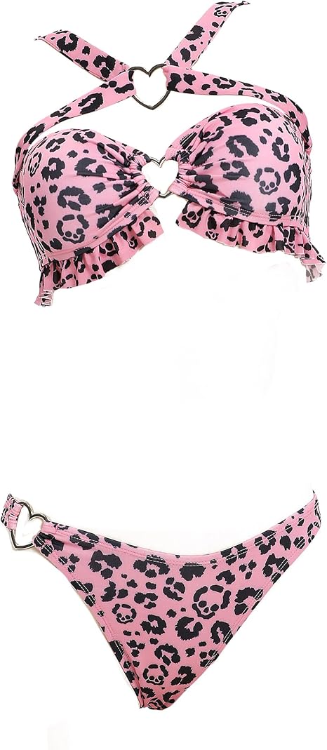 MEOWCOS Women's Bikini Sets Halter Top and Panty Bottom Unique Skull Leopard Print Two-Piece Swimsuit Pink - skull swimsuit