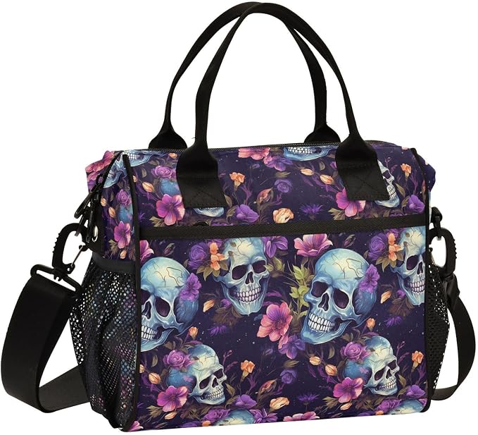 ALAZA Skull and Flowers Insulated Lunch Bag for Women Men,Reusable Cooler Tote Shoulder Bag for Picnic Camping Work Office Beach College - sugar skull handbags for sale