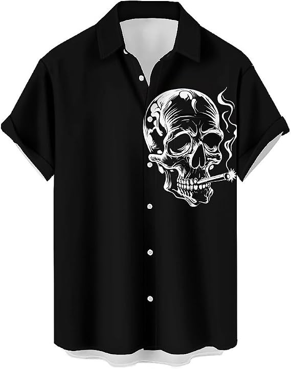 Mens Button Down Short Sleeve Shirt Shirt Collar Abstract Printed Shirts Casual Beach Tops - skull tshirt