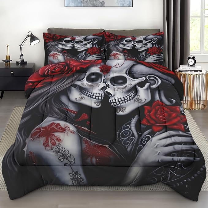 Pamnest Queen Comforter Set, 3 Pieces Skeleton Skull Bedding, All Season