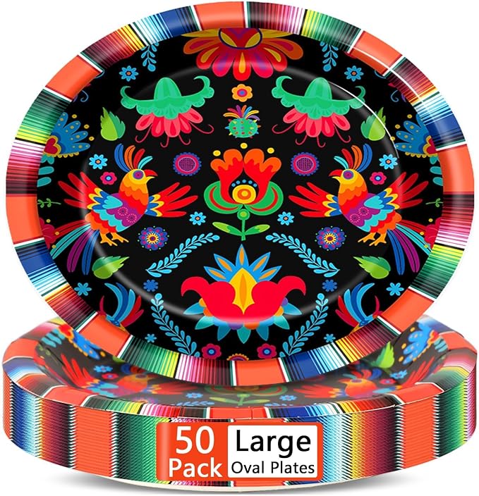 50PCS Mexican Fiesta Oval Paper Plates Large 11” Disposable Day of The Dead Fiesta Party Decorations Mexican Datura Flower Supplies Favor for Mayo Mexico Stripes Platters Taco Tableware Set - skull plate