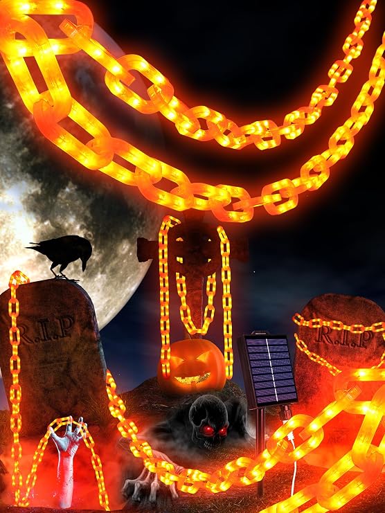 Solar Halloween Chain Lights - 10 FT 160 LED Orange Light-Up 8 Modes Memory - skeleton
