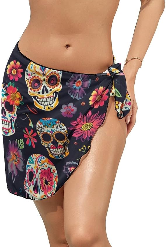 Women's Beach Sarongs Sheer Cover-Ups Bikini Wrap Cover Up Chiffon Beach Sarong for Pool Vacation Party - skull swimsuit