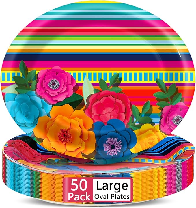 50PCS Mexican Fiesta Oval Paper Plates Large 11” Disposable Day of The Dead Mexican Theme Party Decorations Floral Stripes Supplies Favor for Mayo Mexico Pinata Taco Platters Tableware Set - skull plate