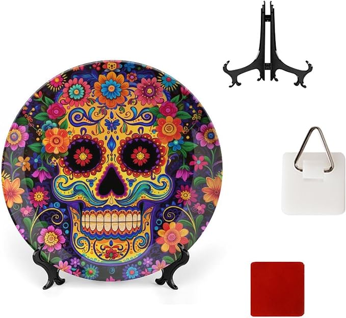 Colorful Sugar Skull Bone China Decorative Plate Ceramic Decorative Plate for Home Office Wall Decor, with Vertical Stand Decorative Plates for Home Club - skull plate
