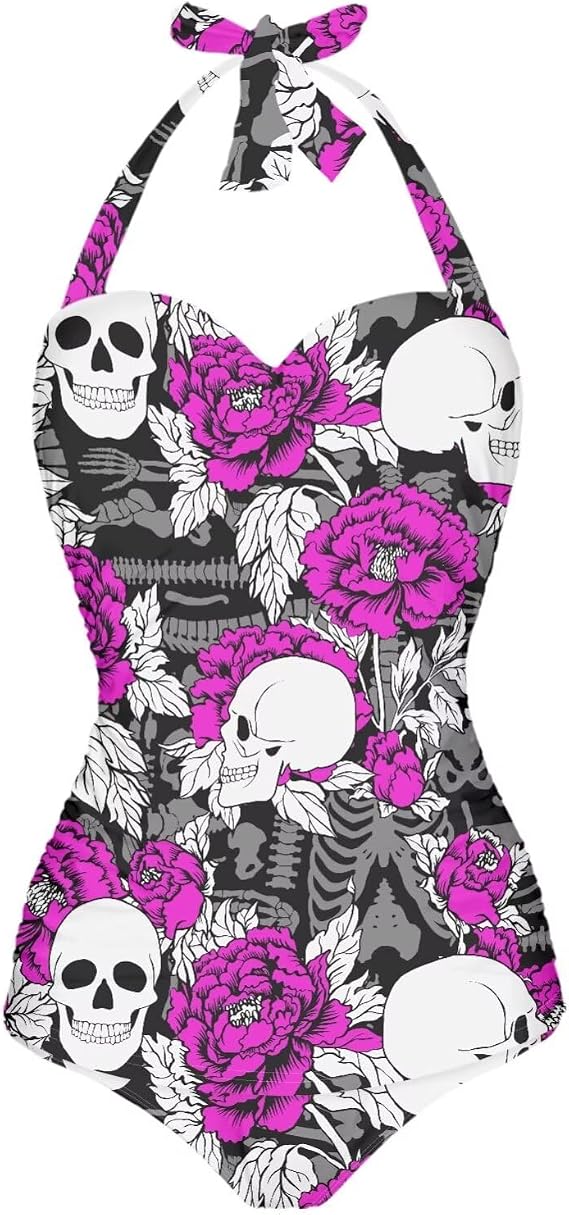 Tummy Control One Piece Swimsuits for Women Full Coverage Halter Ruched Bathing Suit Summer Beach Outfits Size S-2XL - skull swimsuit