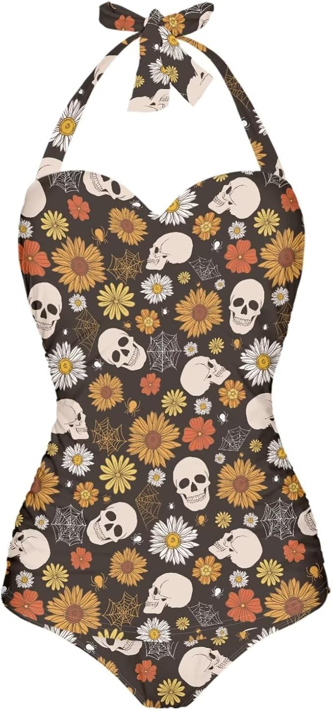 Tummy Control One Piece Swimsuits for Women Full Coverage Halter Ruched Bathing Suit Summer Beach Outfits Size S-2XL - skull swimsuit