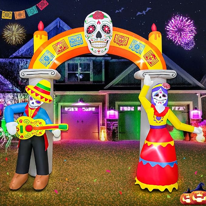 9Ft Day of The Dead Halloween Inflatables Archway Dia De Los Muertos Decorations Inflatable Arch with Skull Skeleton LED Light Decor for Lawn Yard Garden - skull inflatable