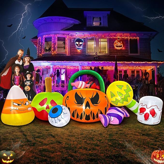 10 FT Halloween Inflatable Blow up Outdoor Decorations Pumpkin Ghost Combo, Halloween Decorations Outdoor Inflatable Bow Up Pumpkin Decoration Outdoor with LED Inflatable Halloween for Yard Garden - skull inflatable