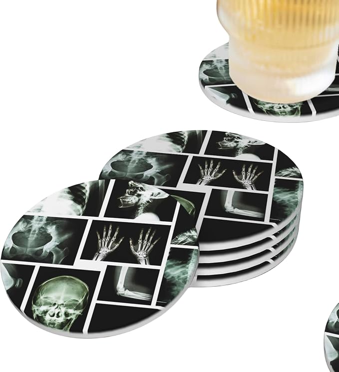 Skull X Ray Coasters for Drinks Set of 4, Absorbent Ceramic Drink Coasters for Coffee Table Wooden Table Cup Bar, 4 Inches - skull coaster