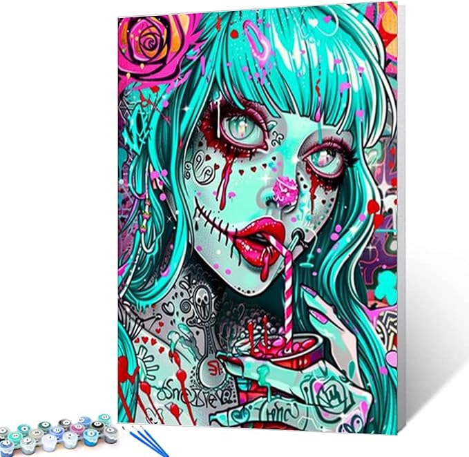 Beautiful Colorful Girl Drink Paint by Numbers Kits for Adults Sugar Skull Girl DIY Canvas Oil Painting Acrylic Pigment Kits Paint by Number Horror Style Home Wall Art Decor Gift 16x20In (Frameless) - skull painting