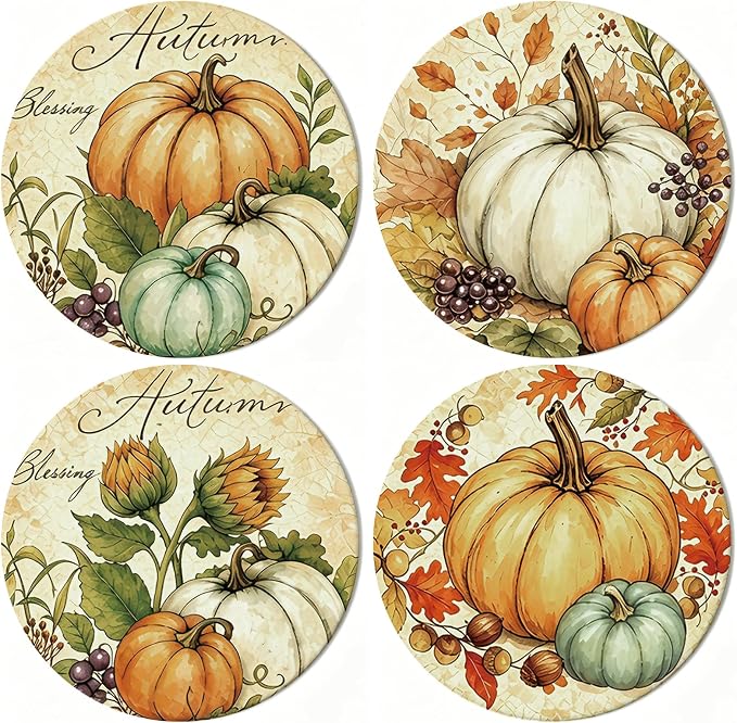 Whaline 4Pcs Fall Thanksgiving Coasters Vintage Autumn Pumpkin Ceramic Drink Coasters Absorbent Retro Harvest Cup Mat for Mugs Cups Home Kitchen Office Party Supplies - skull coaster