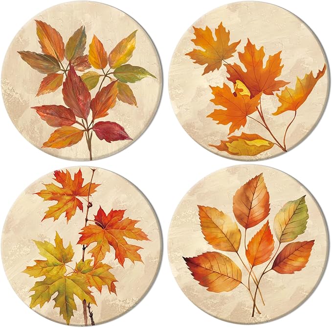 JarThenaAMCS 4Pcs Fall Thanksgiving Coasters Vintage Autumn Leaves Ceramic Coasters Absorbent Harvest Cup Mat for Mugs Cups Home Kitchen Office Party Table Decor - skull coaster