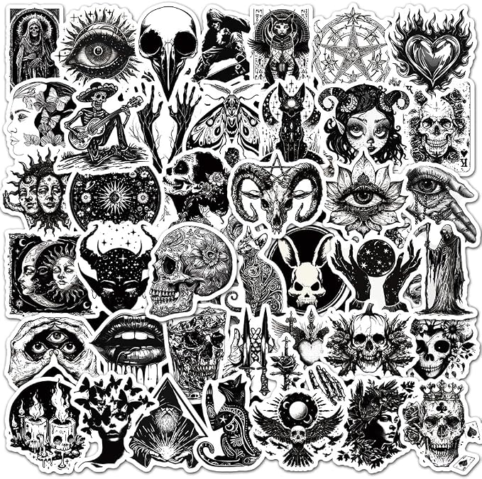 100Pcs Gothic Stickers Pack, Black and White Skull Stickers for Water Bottle Laptop Luggage Skateboard Planner Scrapbooking, Waterproof Vinyl Horror Decals for Adults