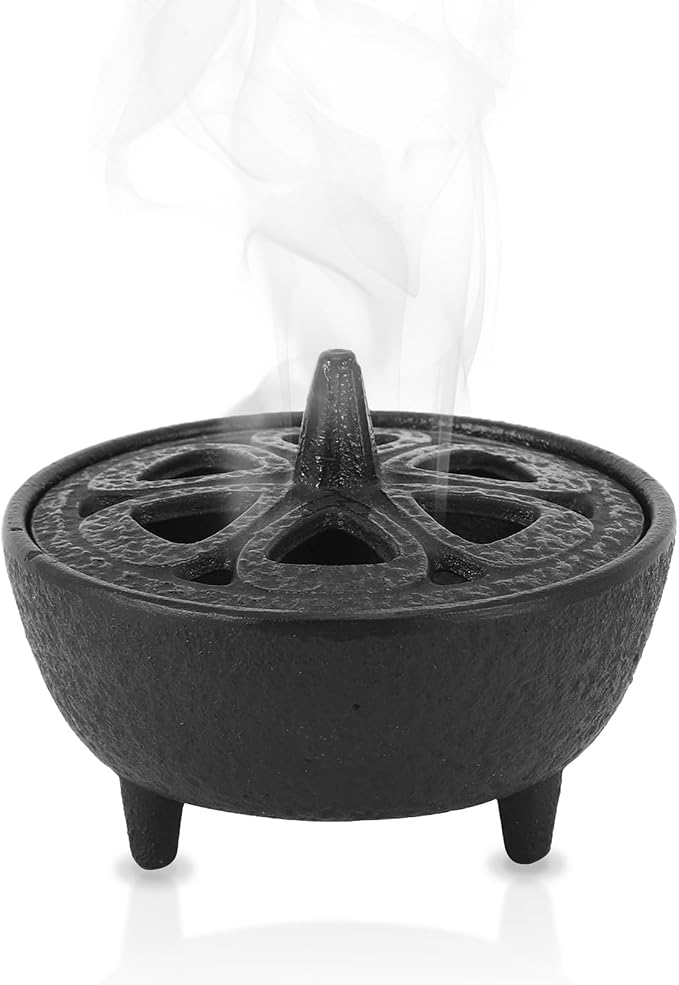 Antique Cast Iron Incense Burner, Lotus Shaped Cauldron Censer with Lid for Incense Cones, Resins, Sticks & Wax Melts - Decorative Holder for Home, Altar, Yoga & Meditation (Black) - skull incense burner