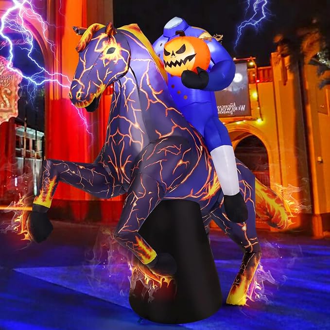 COMIN 6FT Long Halloween Inflatables Headless Horseman Outdoor Decorations Blow Up Lightning Horse Yard with Built-in LEDs for Indoor Party Garden Lawn Decor - skull inflatable