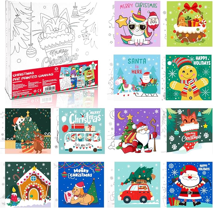 conda Pre Printed Canvas for Painting 12 Pcs 6 x 6 Inch, Pre Drawn Canvas Boards with Christmas Pictures to Paint, Theme Canvas Panels Set for Beginners Students, DIY Paint Art Supplies - skull painting
