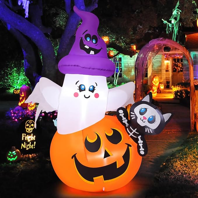 COMIN 5 FT Halloween Inflatables Pumpkin Ghost Cat Outdoor Decorations Blow Up Yard with Built-in LEDs for Indoor Party Garden Lawn Decor - skull inflatable