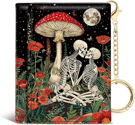 Jogjam Mushroom Skull Womens Wallet, Small Mini RFID, Cute Card Holder - skull wallet