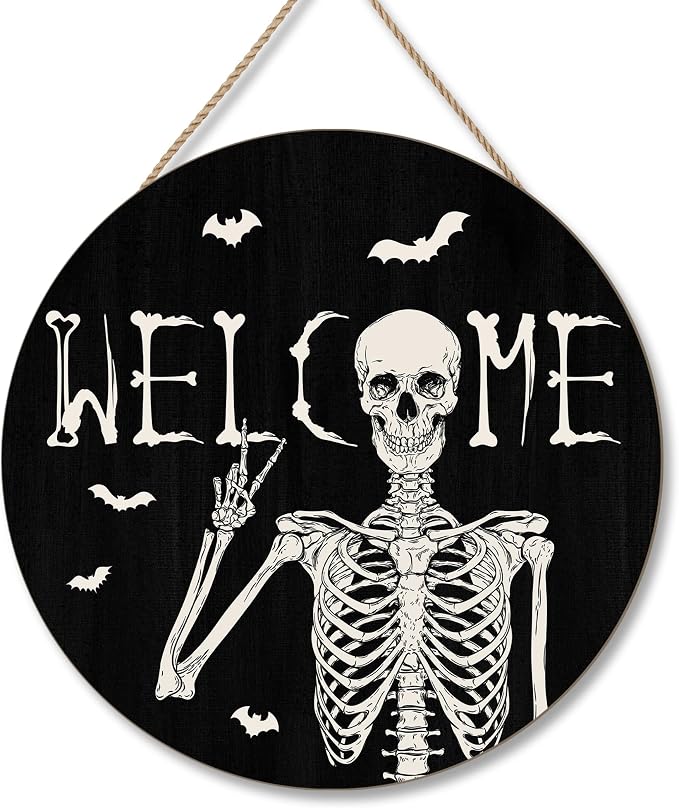 Halloween Skull Welcome Door Sign Halloween Front Door Hanger Decor Rustic Wood Hanging Door Wreath Wall Sign Home Party Outdoor Wall Decor