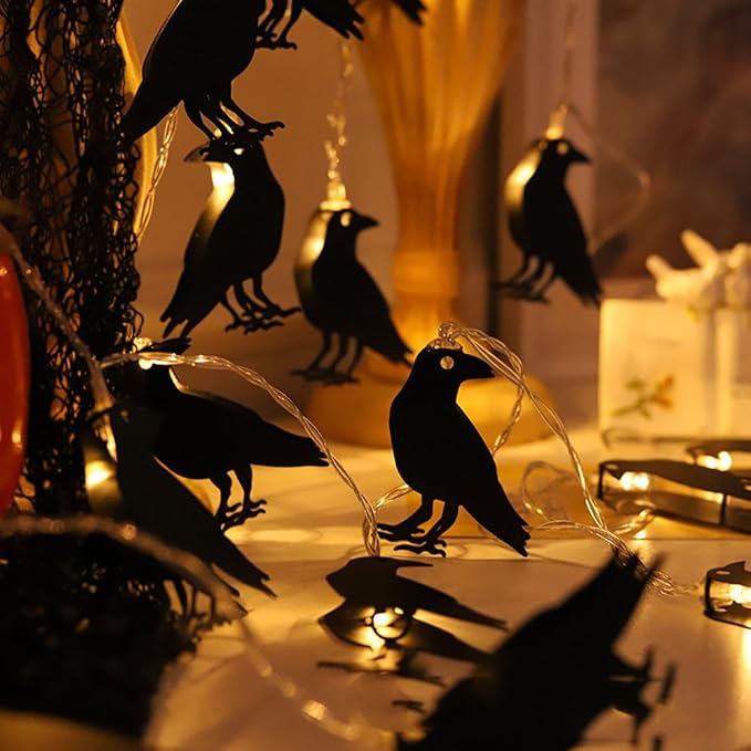 LED Crow/Ghost/Pumpkin/Bat Halloween Light String, Beautiful Indoor and Outdoor Room Decoration Lights, Halloween Decoration Battery Power String Light Party (Crow, 20 LED)