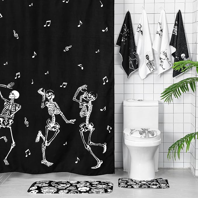 Honoson 8 Pcs Halloween Skeleton Shower Curtain Set for Bathroom Decor - skull toilet rug
