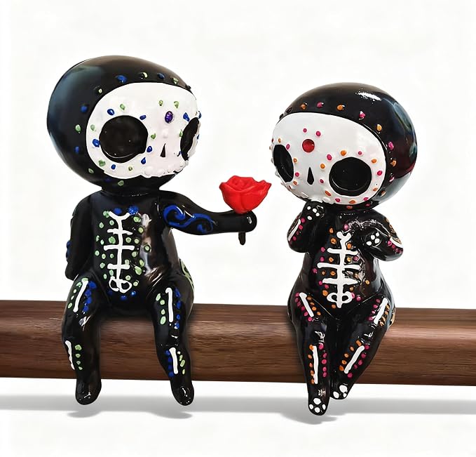 Sugar Skull Statue， Sugar Skull Couple Figurine Desktop Ornaments Indoor Decoration (Rose) - skull figurine