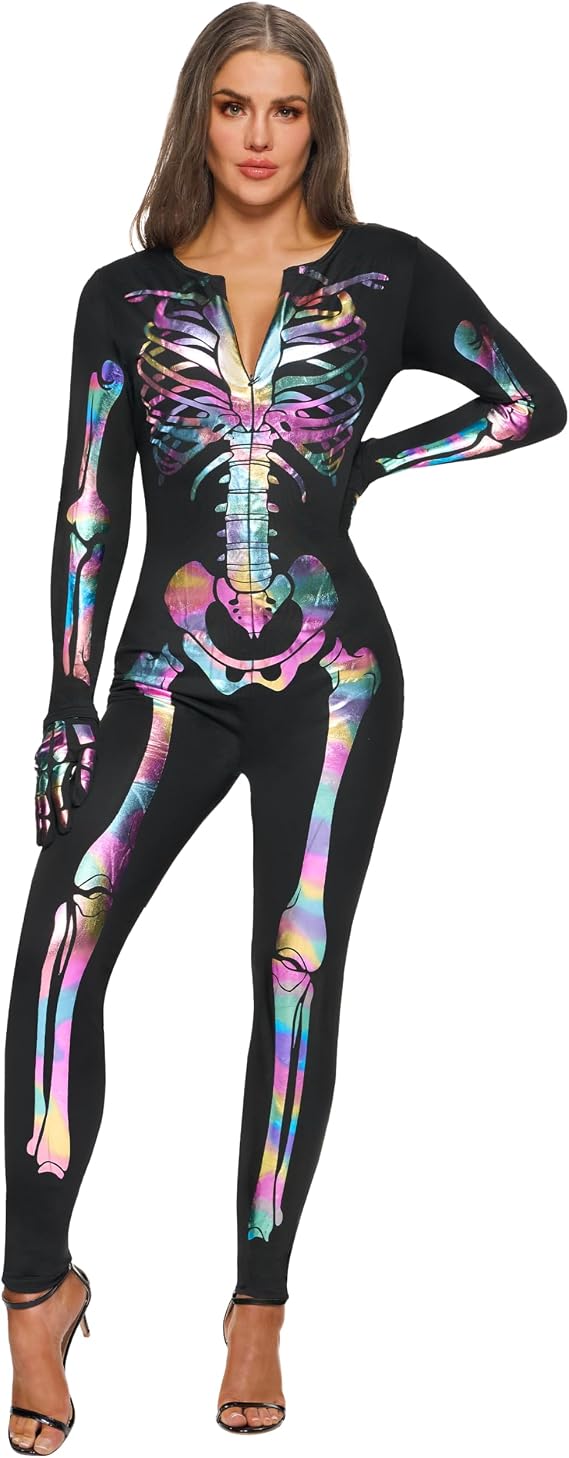 Spooktacular Creations Womens Skeleton Costume Glow in the Dark, Halloween Skeleton Bodysuit, Halloween Costumes for Adult - sugar skull costume