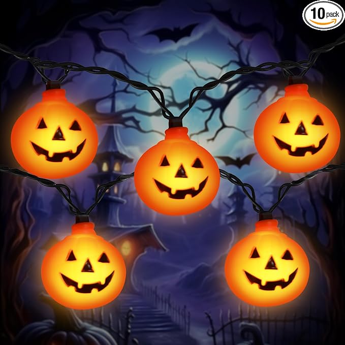 Pumpkin Halloween Decorations Lights, 8.5FT Pumpkin String Lights with 10 LED Waterproof Orange Jack-O-Lantern Lights for Outdoor Indoor Home, Halloween Party Decorations, Black Wire, Plug in - string light
