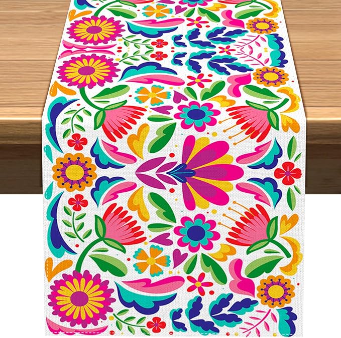 Vohado Mexican Floral Table Runner Dia De Los Muertos Decoration Cinco De Mayo Let's Fiesta Party Supply Home Kitchen Altar Decor (13" x 72", Pattern-B) - skull floor mat