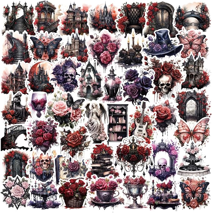 Bomichi Dark Aesthetic Goth Stickers 100 Pcs, Vintage Rose Skull Stickers Horror Vinyl Waterproof Decals for Water Bottles Laptop Phone Scrapbook Junk Journal Collage DIY Crafts - skull sticker