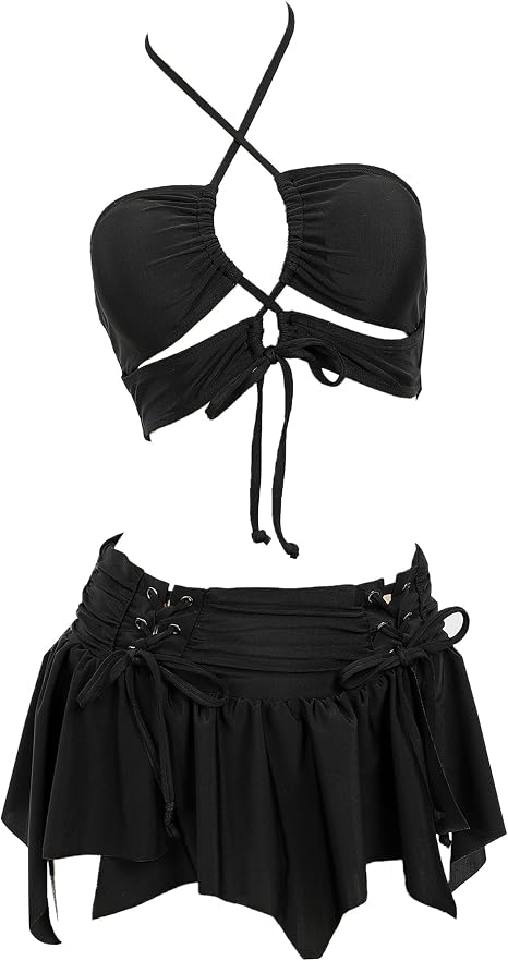 MEOWCOS Gothic Bat Pink Bikini Set Swimsuit Heart Buckle Halter Lace-up Top and Triangle Panty Bathing Suit Swimwear - skull swimsuit