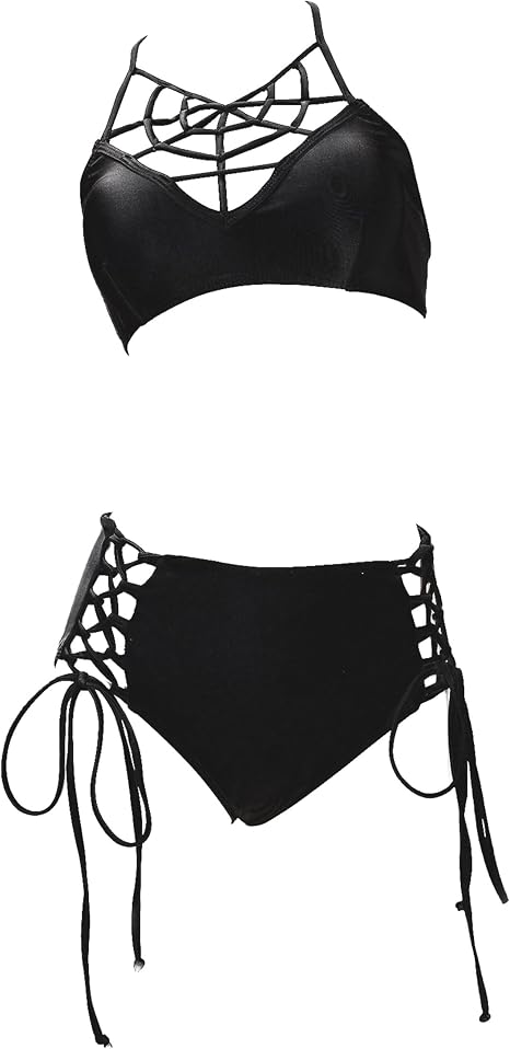 MEOWCOS Gothic Dark Style Swimsuit Black Spiderweb Chest Top Lace up Bottom Two-piece Swimsuit - skull swimsuit