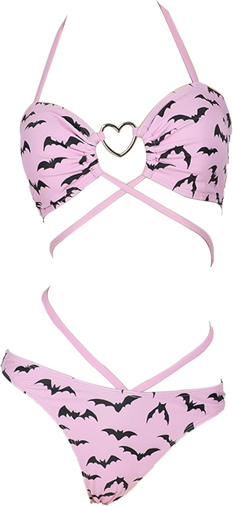 MEOWCOS Gothic Bat Pink Bikini Set Swimsuit Heart Buckle Halter Lace-up Top and Triangle Panty Bathing Suit Swimwear - skull swimsuit