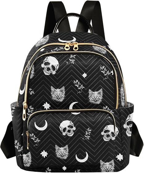 Women Fashion Backpack Purse Skull Cat Moon Gothic Rucksack, M - skull suitcase