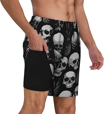 Men's Swim Trunks with Compression Liner 2 in 1 Inseam Quick Dry Beach Shorts 7 inch Swimming Board Shorts - skull swimsuit
