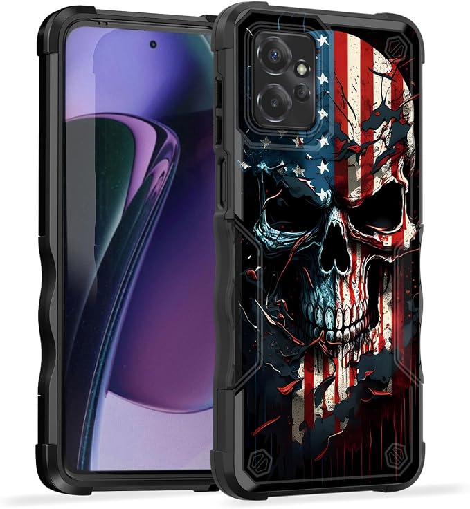 for Moto G Power 5G 2024 Case,[Dual Layer][10 FT Military Grade Drop Protection] [Non-Slip] Heavy Duty Shockproof Case for Motorola Moto G Power 5G 2024 6.7",Skull American Flag - Skull phone case