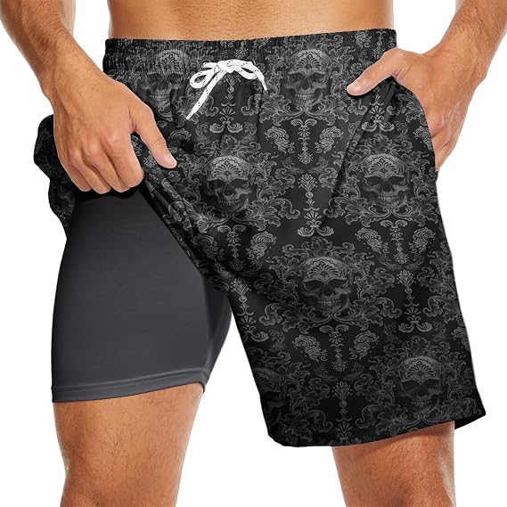 Socira Men's Swim Trunks with Compression Liner, Quick Dry Mens 2 in 1 Swimming Trunks Men Beach Bathing Suits Swimsuit - skull swimsuit