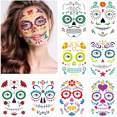 Ceiba Tree Day of Dead Face Tattoos Halloween Temporary Tattoos 9 Sheets - skull sticker