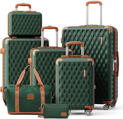 Melalenia Luggage Sets 7 Piece Hard Shell Carry on Suitcase with Spinner Wheels and TSA Lock, Lightweight Travel Duffel Bag for Women, Men, Green Brown - skull suitcase