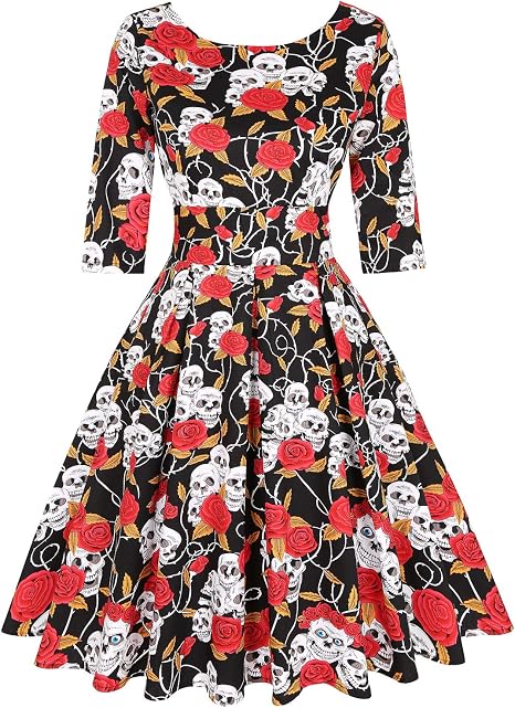 MINTLIMIT Women's 1950s Retro Vintage Cocktail Party 3/4 Sleeve Swing Dress - sugar skull dress