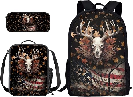 Suobstales Deer Skull Print 3 Piece Kids Backpack Elementary Preschool School Bag with Lunch Box Pencil Case Set for Boys Girls American Flag Design Bookbag Large Capacity Travel Daypack Rucksack - skull backpack