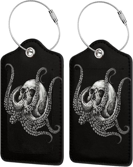 Leather Luggage Tag with Stainless Steel Loop Privacy Travel - skull suitcase