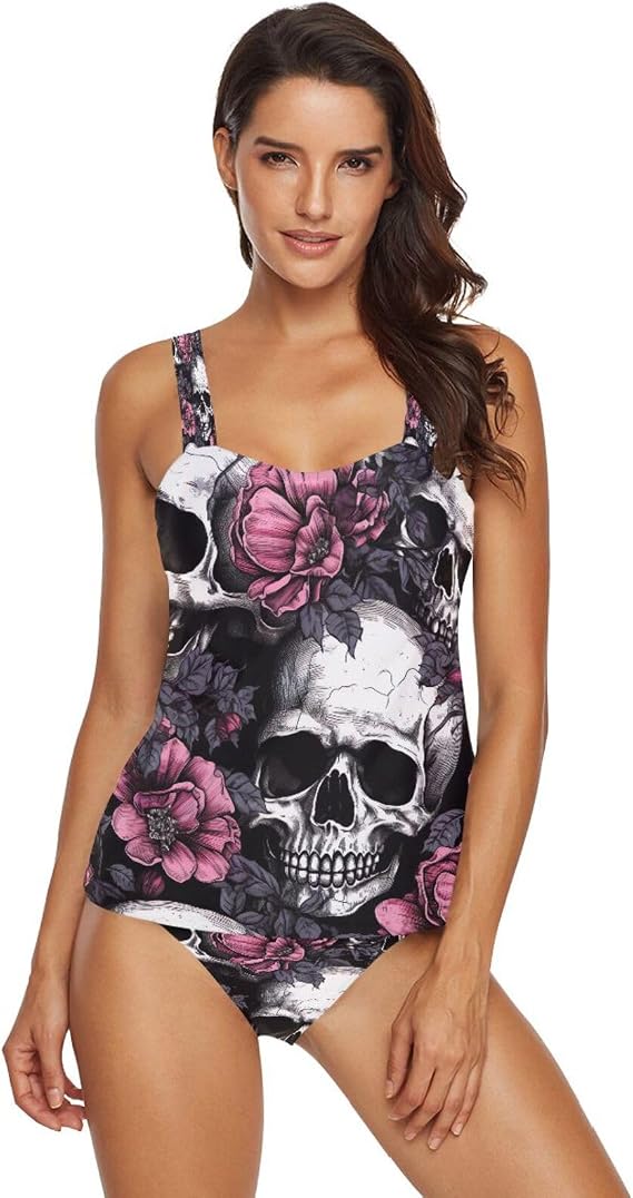 Skull Tankini Swimsuits for Women Sexy Slimming Tummy Control Bathing Suits with Bikini Bottom,S - skull swimsuit